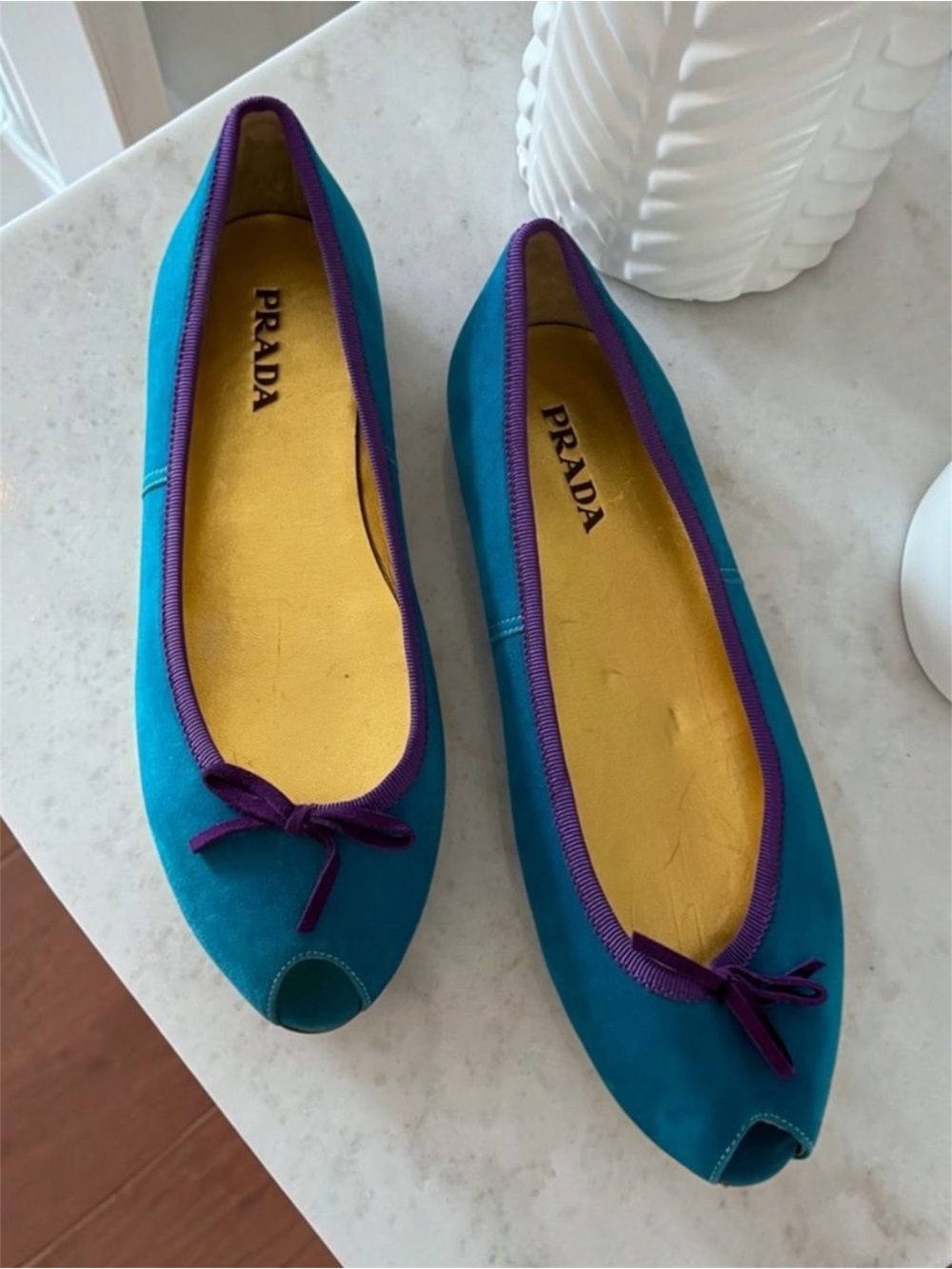 PRADA Turquoise Suede Ballet Flats with Purple Trim 39.5